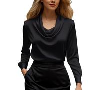 Camisa de mujer de cuello alto satinado manga larga camisa mujer elegante cómoda chaqueta mujer mujer blusa de oficina mujer otoño blusa elegante suave moda vestido de gala para Navidad víspera, Negro