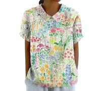 Camisa de mujer de manga corta - Camiseta de mujer con cuello vuelto, camiseta ancha y suave, Tops efecto lino transpirable Blusa de gran tamaño con estampado de paisajes naturales Blouse casual