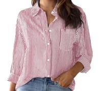 Camisa de mujer de manga larga - Blusa de mujer a rayas cuello clásico con botones Top cuello V tejido ligero blusa patrón vertical suave camiseta casual oficina túnica dobladillo curvo amplia casaca