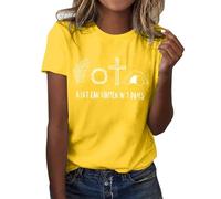 Camisa de mujer de Pascua estampada cuello redondo manga corta camiseta túnica blusa neón traje mujer, amarillo, M
