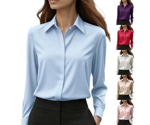Camisa de mujer de talla grande manga larga, camisa curvada para mujer elegante, blusa de solapa casual superior de escritorio versátil de color sólido simple blusa casual diaria superior superior