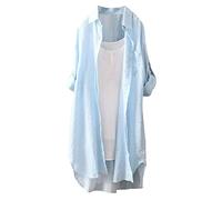 Camisa de mujer de verano larga elegante transpirable de verano blusa cómoda de gran tamaño ligero Casual Blusa Solapa Vintage Oficina con Botones Camisa de Lino Playa Moda Trabajo Mangas Largas Top