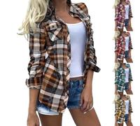 Camisa de mujer elegante y elegante, camisa anti UV para mujer manga larga Blusa a cuadros Blusas estampadas Cardigan con botón Top Manga Larga Top Nueva Ropa Casual Corta Loungewear, marrón, XL
