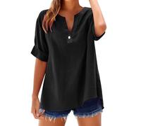 Camisa de mujer en algodón y lino con cuello en V ligera y cómoda, blusa elegante de tallas grandes, casual de playa, camiseta de lino de color liso curvy, moda, sudadera holgada transpirable de manga