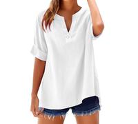 Camisa de mujer en algodón y lino con cuello en V ligera y cómoda, blusa elegante, tallas grandes, para el mar, casual, en lino de color liso, curvy, moda, camiseta holgada, transpirable, de manga