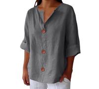 Camisa de mujer Ete Lin - Camiseta para mujer, cuello en V, de lino, Tops de ranura lateral, manga 3/4 chaquetas con botón alto, color puro, Tops al aire libre, camiseta casual suelta chaquetas
