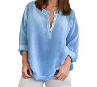 Camisa de mujer lisa casual suelta manga larga lino nueva colección top de lino, azul, L