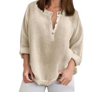 Camisa de mujer lisa casual suelta manga larga lino nueva colección top de lino, caqui, L