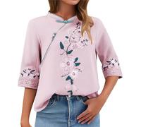 Camisa de mujer verano manga 3/4 camisa bordado mujer casual alto corte suelto vintage alto algodón lino elegante blusa de gran tamaño chic blusa clásica confort, rosa, L