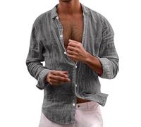 Camisa de muselina para hombre, manga corta, delgada, camisa de lino de verano, monocolor, camisa de playa, con botones, camisa de ocio, cuello alto, camisa de pescador, corte regular, camisas de lino
