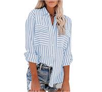 Camisa de muselina para mujer, estampado a rayas, camisa de lino, informal, de algodón y lino, camiseta de manga larga, holgada, ligera, de manga larga, con botones, parte superior, transpirable, para