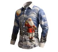Camisa de Navidad Hombre Manga Larga T Moche Impreso 3D Drole Santa Claus Cuello Rabattable Slim Christmas Pull Moche De Noel Button Down Casual Clásico Bata de Trabajo Traje de Navidad Tops, azul