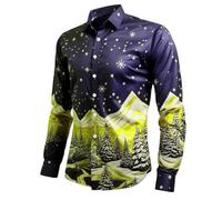 Camisa de Navidad Hombre Manga Larga T Moche Impreso 3D Drole Santa Claus Cuello Rabattable Slim Christmas Pull Moche De Noel Button Down Casual Clásico Bata de Trabajo Traje de Navidad Tops, Azul