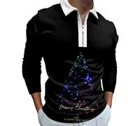 Camisa de Navidad para hombre con media cremallera Polo de manga larga 3D estampado de Navidad Drole Polos Casual Camisas de gran tamaño camiseta de invierno cálido Blusa moda camiseta, 01-negro, 3XL