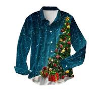 Camisa de Navidad para hombre de manga larga - Camiseta de Navidad estampada 3D Drole Sapin de Noel Cuello Rabattable Christmas Pull Moche De Noel Button Down Casual Bata de Trabajo Traje Navidad Top