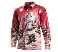 Camisa de Navidad para hombre de manga larga - camiseta fea estampada 3D recta Papá Noel cuello abatible Slim Fit Christmas Pull Moche De Noel Button Down Casual Bata de Trabajo Traje de Navidad Tops