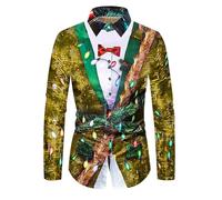 Camisa de Navidad para Hombre, Informal de Negocios navideña para Hombre, cómoda, de Cuello Holgado, de Manga Larga, con Vaca Linda navideña (Gold, XXL)