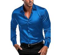 Camisa de negocios para hombre, de manga larga, sin planchado, de satén, para fiesta, boda, con pajarita a juego, de lujo, brillante, de satén, de manga larga, casual, ajustada, con botones