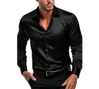 Camisa de negocios para hombre, de manga larga, sin planchado, de satén, para fiesta, boda, con pajarita a juego, de lujo, brillante, de satén, de manga larga, casual, ajustada, con botones, Negro, S