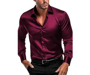 Camisa de negocios para hombre, de manga larga, sin planchado, de satén, para fiesta, boda, con pajarita a juego, de lujo, brillante, de satén, de manga larga, casual, ajustada, con botones