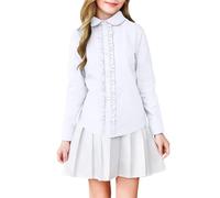 Camisa de niña 2026 Blusa de manga larga para niñas con ribete de volantes, para actuaciones escolares y uso diario, ropa blanca básica de un solo color, Blanco, 11-12 años
