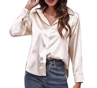 Camisa de noche con botones delanteros de gran tamaño, camisón largo mujer botón pijama satén blusa manga larga blusa lisa casual top 2025 ropa nueva, Rosa dorado., XXL