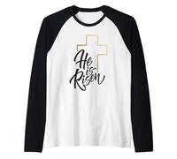 Camisa de Pascua Feliz con Texto en inglés He Is Risen Jesus Cross Scripture Matthew Camiseta Manga Raglan