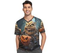 Camisa de pijama para hombre, cuello en V, manga corta, ropa de dormir, ropa de dormir, talla S, Estilo gótico oscuro de cuento de hadas monstruos de terror, naranja, Small