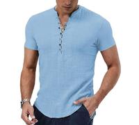 Camisa de Playa Ligera de Verano para Hombre, algodón y Lino, Manga Corta, Informal, con Botones, Transpirable, Azul Cielo, Talla pequeña.