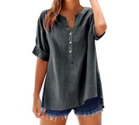 Camisa de playa para mujer de gran tamaño blusa mujer manga corta cuello en V Blusas casuales 2025 nuevas blusas Color sólido Top Split Top transpirable Loungewear Botón XXXXXL, Dark Gray, XXL