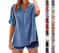 Camisa de playa para mujer, talla grande, blusa de manga corta cuello en V, blusa casual blusas 2025 nuevas blusas color sólido superior dividida transpirable loungewear botón XXXXXL, Sky Blue