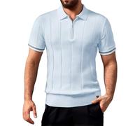 Camisa de punto de manga corta con cremallera de un cuarto para hombre, camisa de verano de punto de dragón, informal, con textura de botón o cremallera en el cuello, azul claro, XL