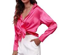 Camisa de raso Mujer Satén Imitación Seda Camisa de Manga Larga Frontera Exterior Europea y América Ropa de mujer, Rosa intenso., XXL