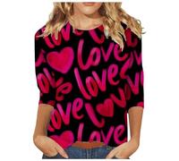 Camisa de San Valentín con cuello redondo y estampado casual de amor de San Valentín con tres mangas cuartos Trajes de moda para mujer 2024, rojo, 3XL
