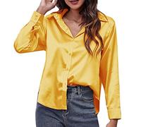 Camisa de satén para hombre, de seda sintética, manga larga, con fronteras de comercio europeo y exterior, ajuste regular, elegante e informal, amarillo, XL