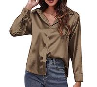 Camisa de satén para hombre, de seda sintética, manga larga, con fronteras de comercio europeo y exterior, ajuste regular, elegante e informal, caqui, S