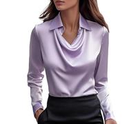 Camisa de satén para Mujer, Elegante, Cuello Vuelto, Manga Larga, para Negocios, Casual, Oficina, Trabajo, A10, Morado, XXL