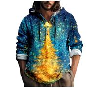 Camisa de talla grande con botones de lino sintético de manga larga con tema navideño para hombre de lupetto térmico, Azul-q, S