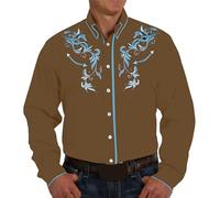 Camisa de vaquero occidental para hombre, cuello de solapa, un solo pecho, tiempo libre, manga larga, bordado, vintage, disfraz de país, O Khaki, S