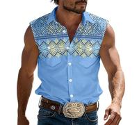 Camisa de vaquero sin mangas para hombre con bordado decorativo Western Vintage para primavera verano fuera al aire libre Camisa Vikingos Punk gótico, tallas grandes, azul celeste, L