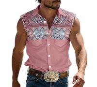 Camisa de vaquero sin mangas para hombre con bordado decorativo Western Vintage para primavera verano fuera al aire libre Camisa Vikingos Punk gótico, tallas grandes, rosa, 6X-Large