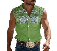 Camisa de vaquero sin mangas para hombre con bordado decorativo Western Vintage para primavera verano fuera al aire libre Camisa Vikingos Punk gótico, tallas grandes, A verde., L