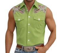 Camisa de vaquero sin mangas para hombre con bordado decorativo Western Vintage para primavera verano fuera al aire libre Camisa Vikingos Punk gótico, tallas grandes, verde, S