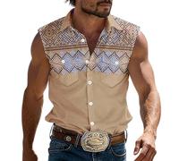 Camisa de vaquero sin mangas para hombre con bordado decorativo Western Vintage para primavera verano fuera al aire libre Camisa Vikingos Punk gótico, tallas grandes, A caqui, L