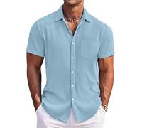 Camisa de verano de manga corta para hombre, diseño de rayas sólidas, con un bolsillo, para playa, vacaciones, Azul Claro, 3XL