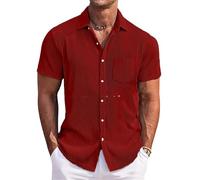 Camisa de verano de manga corta para hombre, diseño de rayas sólidas, con un bolsillo, para playa, vacaciones, rojo vino, 3XL