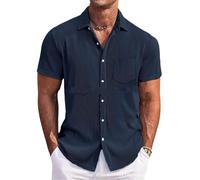 Camisa de verano de manga corta para hombre, diseño de rayas sólidas, con un bolsillo, para playa, vacaciones, Azul marino., L