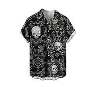 Camisa de Verano para Hombre, Camisas de Manga Corta con Solapa de Pirata y Calavera Retro, Camisa de Playa con Botones Regulares, Camisetas Hawaianas Informales
