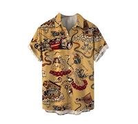 Camisa de Verano para Hombre, Camisas de Manga Corta con Solapa de Pirata y Calavera Retro, Camisa de Playa con Botones Regulares, Camisetas Hawaianas Informales