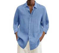 Camisa de verano para hombre, de algodón, lisa, informal, talla grande, holgada, cuello vuelto, manga larga, body corto, azul celeste, L